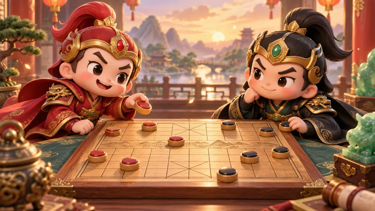 中国象棋：卡通统帅与红黑圆形木棋子对阵